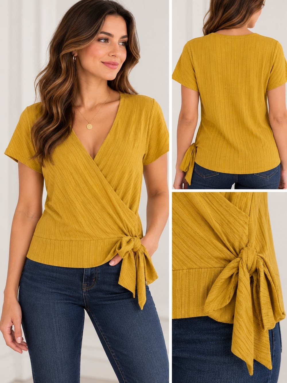 LOFT Mustard Yellow Wrap Tie Short Sleeve Top - Women